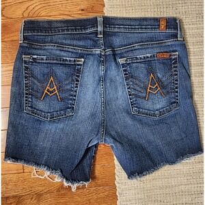 7 for all Mankind Denim Cut Off Shorts Embroidered A Pocket Medium Wash Mid Rise